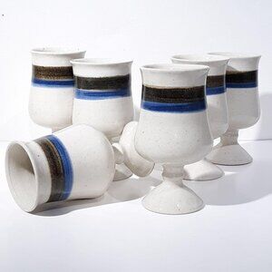 Set Of 6 Handcrafted Ceramic Goblets With Blue & Brown Stripes